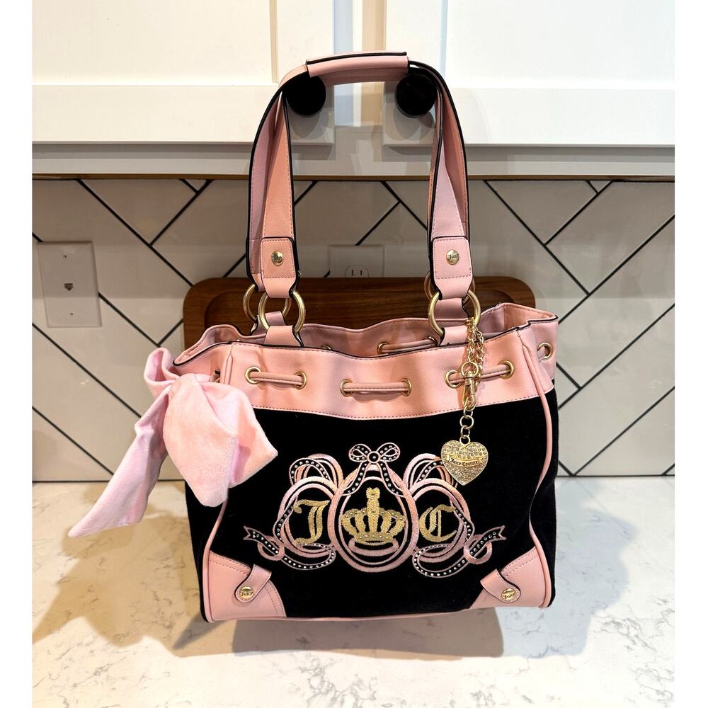 Juicy Couture Lovers Club Daydreamer Tote Bag black terry cloth pink trim Y2K